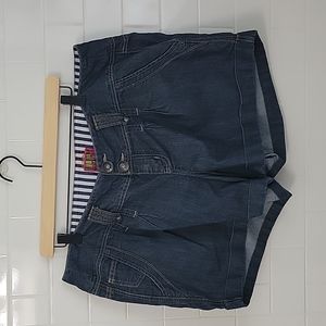 Torrid HI waist pleated dark denim shorts.